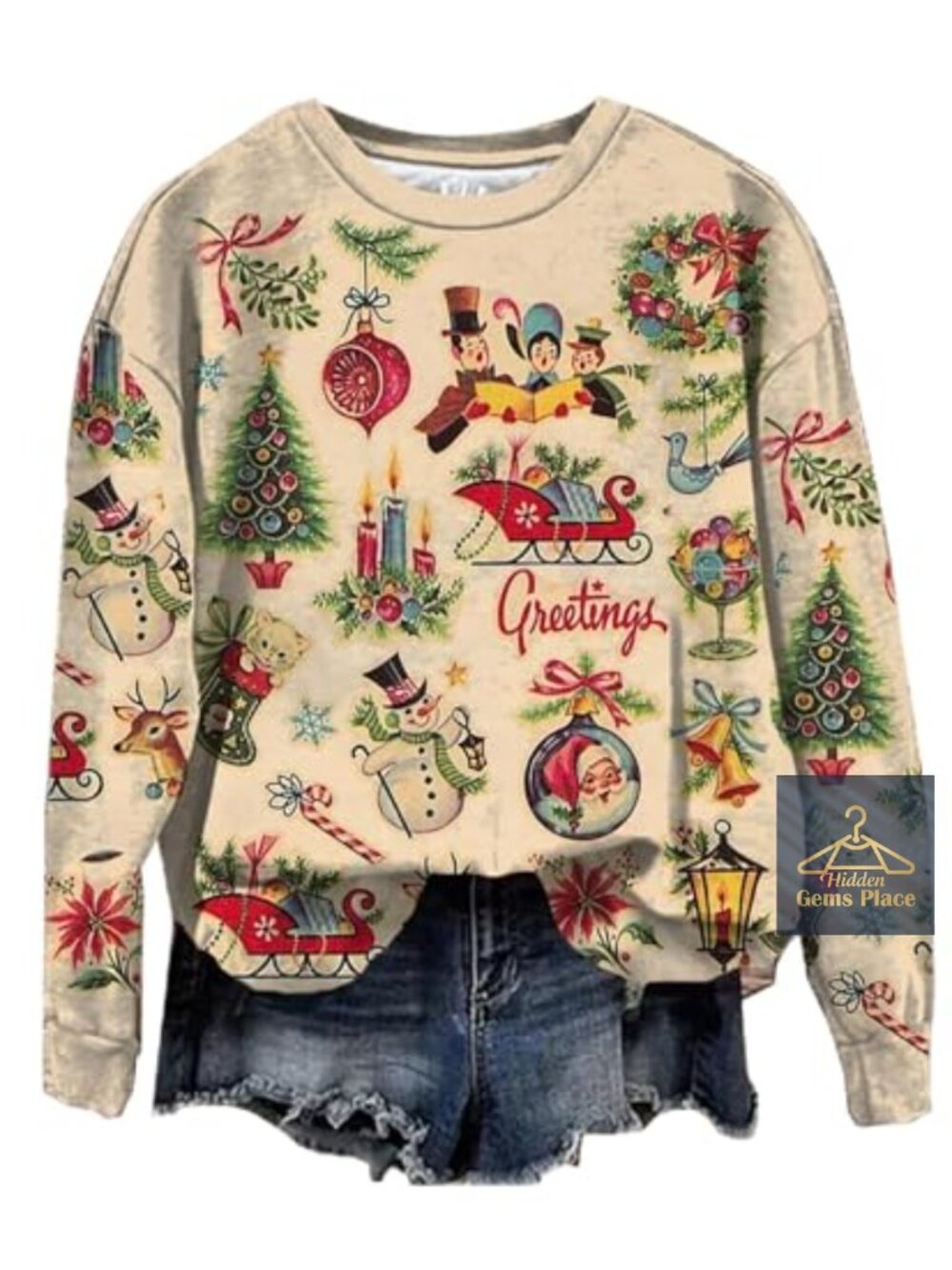 Women's Christmas Graphic Sweatshirt Cotton Blend Crew Neck Pullover